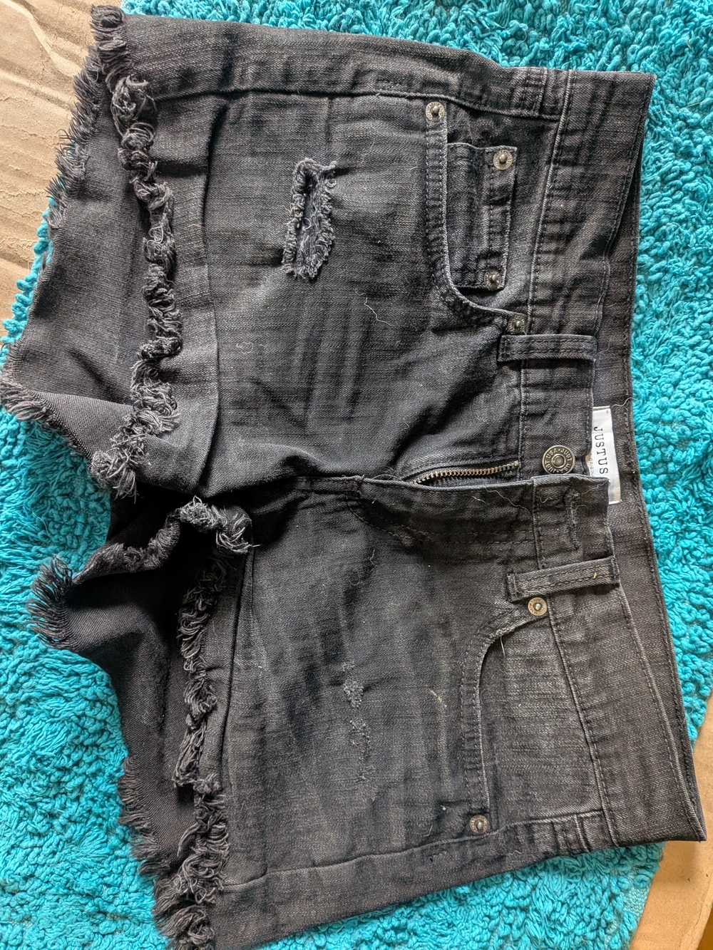 Just USA Midrise Black Distressed Women's Denim Shorts with Frayed Hem